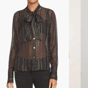 New Frame Tie Neck Metallic Stripe Silk Blouse In Noir Lurex Stripe Black Gold L